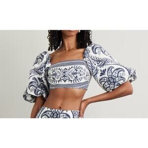 Farm Rio NEW Blue Tropical Cameo Linen Crop Top, Small
